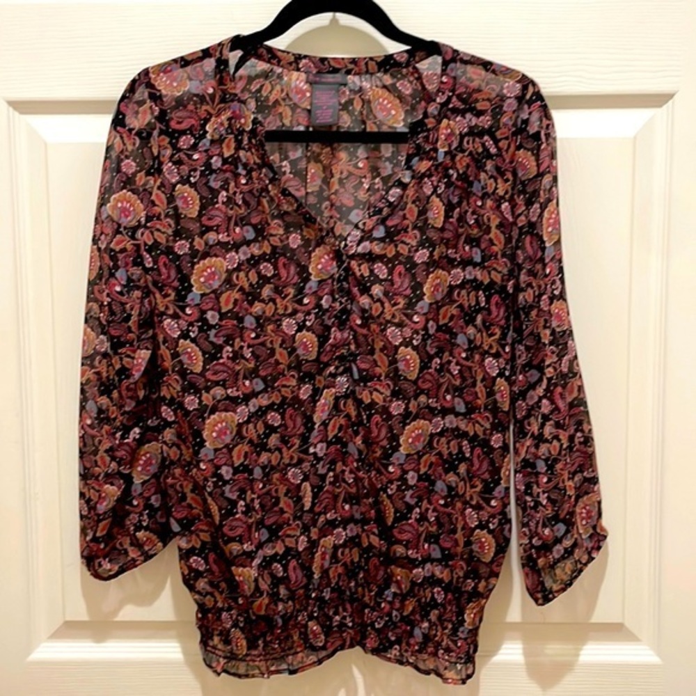 Fire Los Angeles Black & Pink Floral Sheer Long Sleeve Blouse Medium